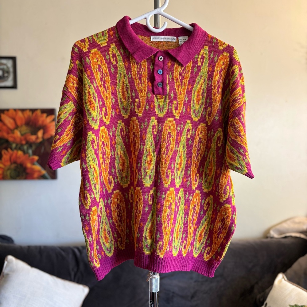 Vintage Art To Wear Knit Polo Sweater Top Size M - Picture 10 of 10